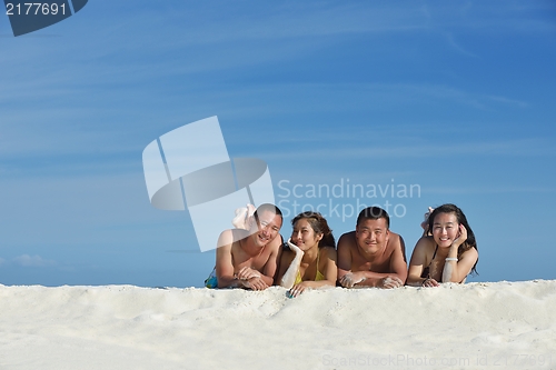 Image of group of happy young people have fun on bach
