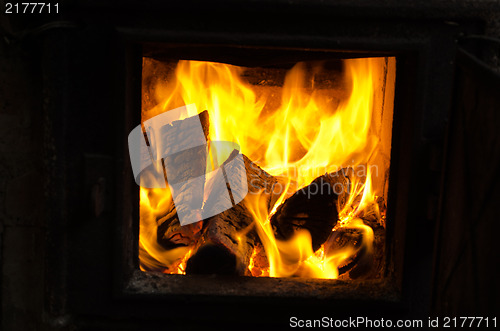 Image of firewood wood burn retro rusty rural kitchen stove 