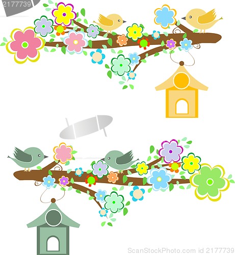 Image of Family of birds sitting on a branch with birdhouses