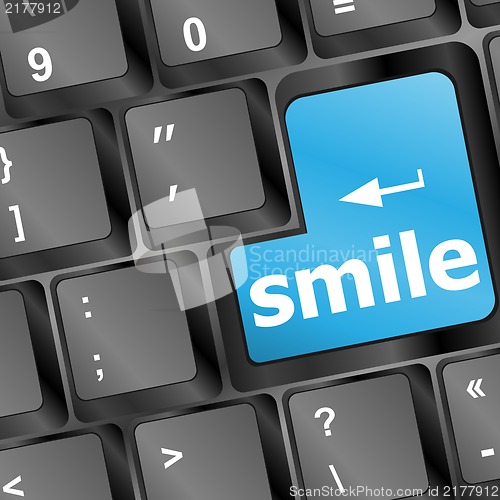 Image of Computer keyboard with smile words on key - business concept