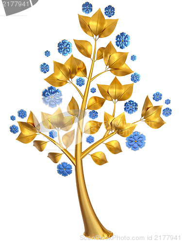 Image of golden tree with blue flowers