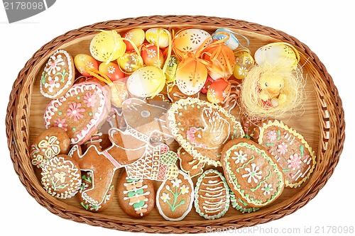 Image of collection of easter gingerbreads and painted eggs