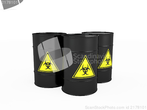 Image of Three black barrels with biohazard