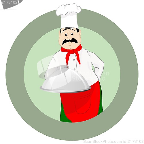 Image of The cook in a cap with a tray