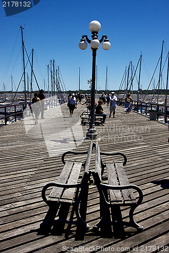 Image of  bench street lamp and summer 