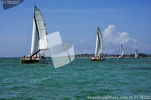 Image of navigable  froth cloudy  catamaran and coastline