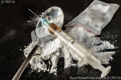 Image of Drug syringe and cooked heroin on spoon