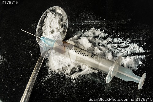 Image of Drug syringe and cooked heroin on spoon