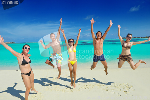 Image of group of happy young people have fun on bach