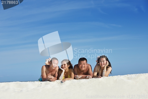 Image of group of happy young people have fun on bach