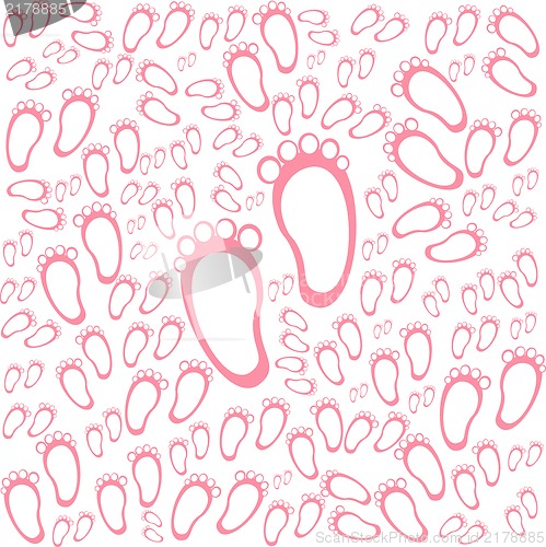 Image of Baby girl arriival card with many foot steps on white background