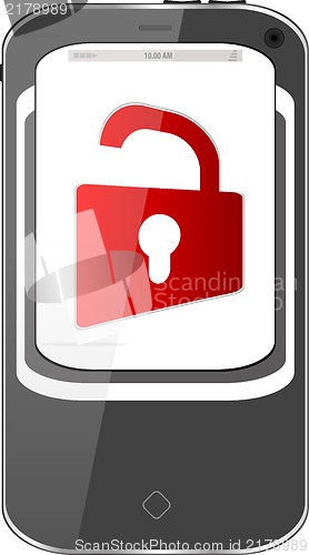 Image of unlocked smartphone with red padlock isolated on white background