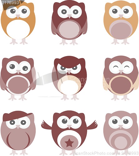 Image of Set of nine cartoon owls with various emotions