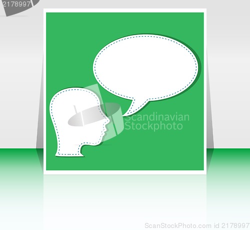 Image of Abstract speakers silhouettes with big orange bubble (chat, dialogue, talk or discussion)