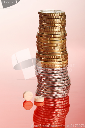 Image of Pills standig beside pile of coins