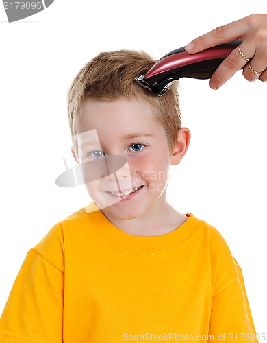 Image of Smiling boy getting haircut