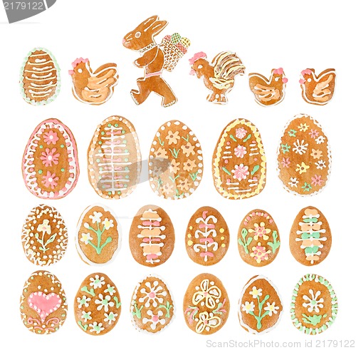 Image of collection of easter egg ginger bread on white