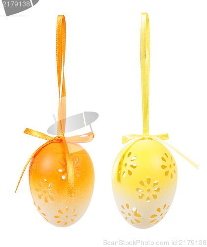 Image of hanged bright color easter eggs with bows