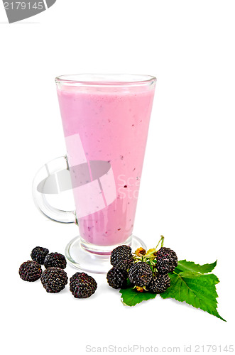Image of Milkshake in a tall glass with blackberry and leaf