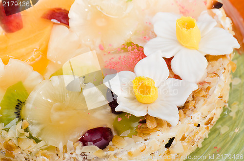 Image of  beautiful cake with fruit, close-up