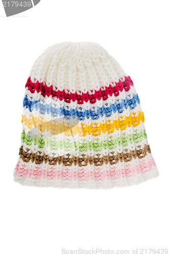 Image of multi-coloured knitted hat, isolated on white 