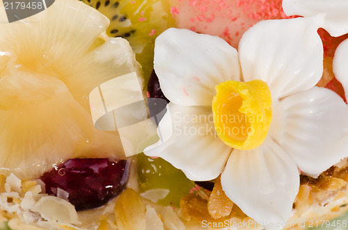 Image of  beautiful cake with fruit, close-up