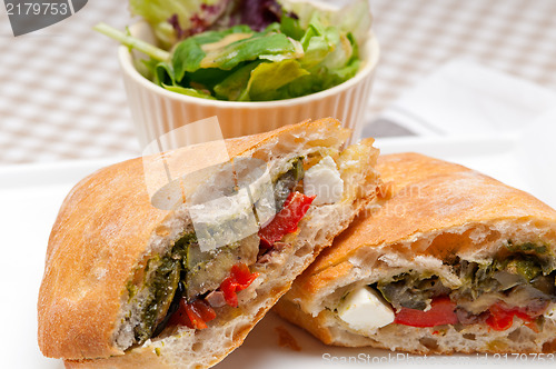 Image of ciabatta panini sandwichwith vegetable and feta