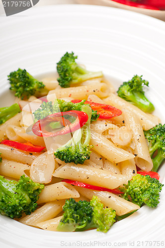 Image of Italian penne pasta with broccoli and chili pepper