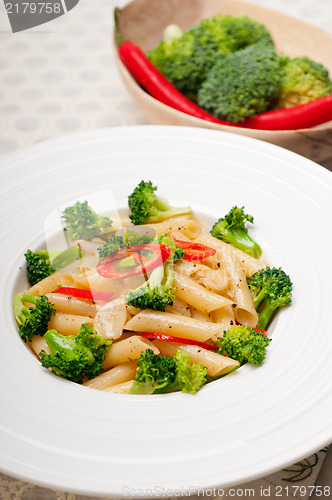 Image of Italian penne pasta with broccoli and chili pepper