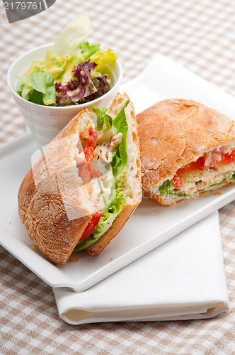 Image of ciabatta panini sandwich with chicken and tomato