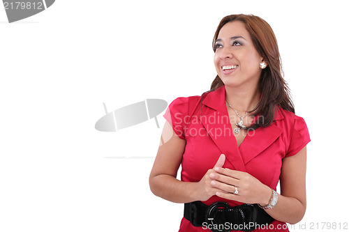 Image of Portrait of a beautiful woman looking away smiling, isolated on 