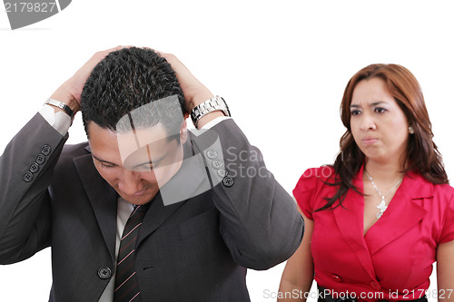 Image of Young couple couple conflict, isolated over white background 