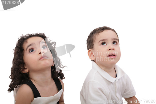 Image of children looking up isolated on white 