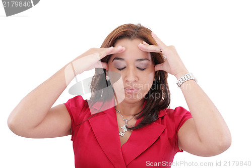 Image of A young woman with a headache holding head, isolated on white ba