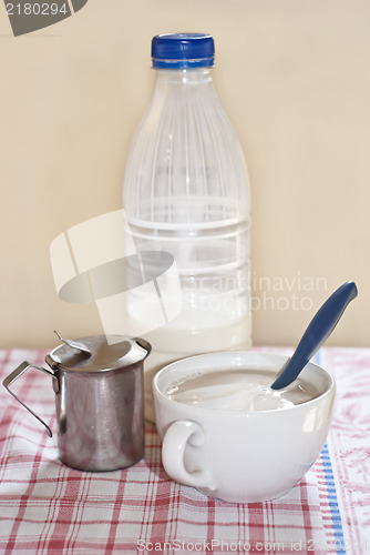 Image of Milk Bottle and capuchin on the table