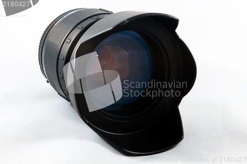 Image of Close up of camera lens on a white background