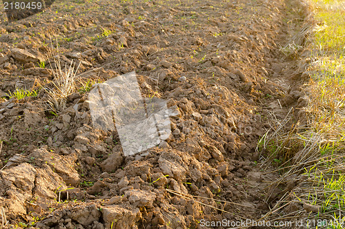 Image of plowed field after harvest lit evening sunlight 