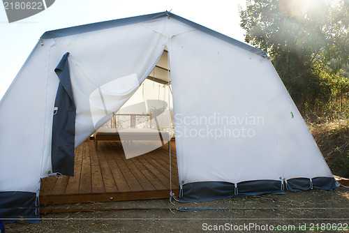 Image of Large camping tent open