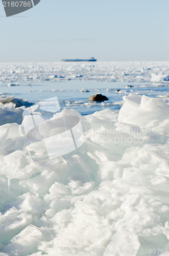 Image of  Pile of broken ice floes on the Baltic Sea coast