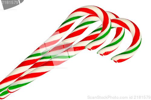 Image of Three sugar sticks in white green and red isolated on white back