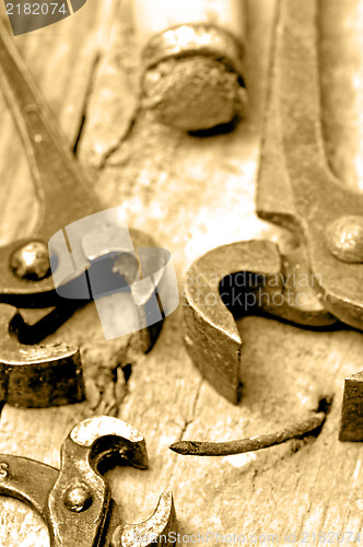 Image of old rusty pliers with nail