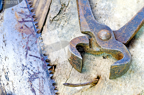 Image of old rusty pliers with nail