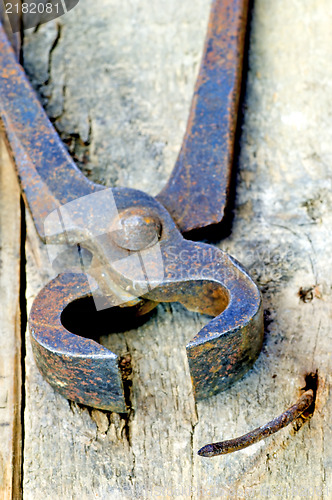 Image of old rusty pliers with nail