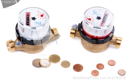 Image of Concept, a symbol of savings, two meters of water and euro cents
