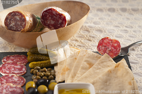 Image of cold cut platter with pita bread and pickles