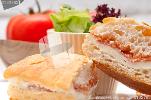 Image of ciabatta panini sandwich with parma ham and tomato