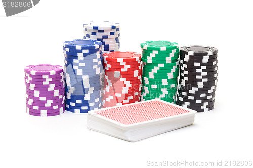 Image of Stacks of Poker Chips with Playing Cards