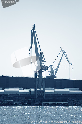 Image of Shipyard  cranes, black and white toned photo