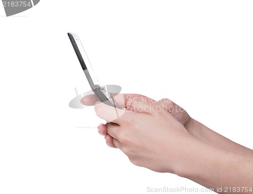 Image of Cell phone in hands on white background