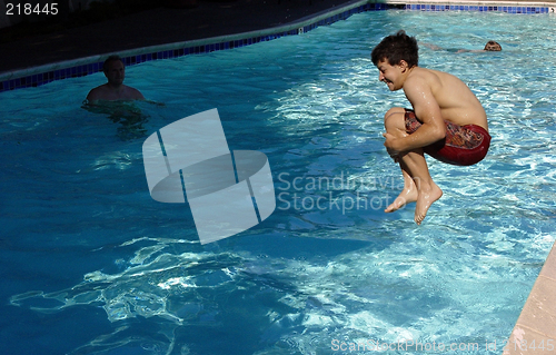 Image of Boy jumping in the pool